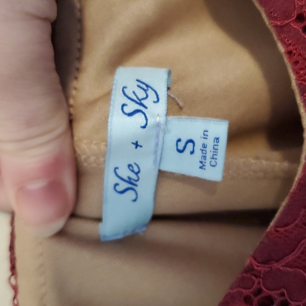 She and Sky burgandy and Tan lace cold shoulder dress. - Picture 2 of 6